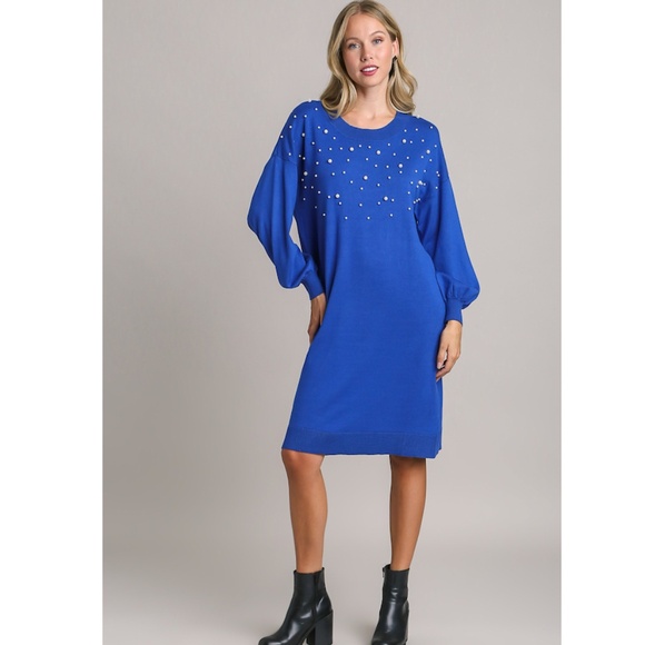 Umgee Dresses & Skirts - Umgee Royal Blue Long Sleeve Dress with Pearl Accents